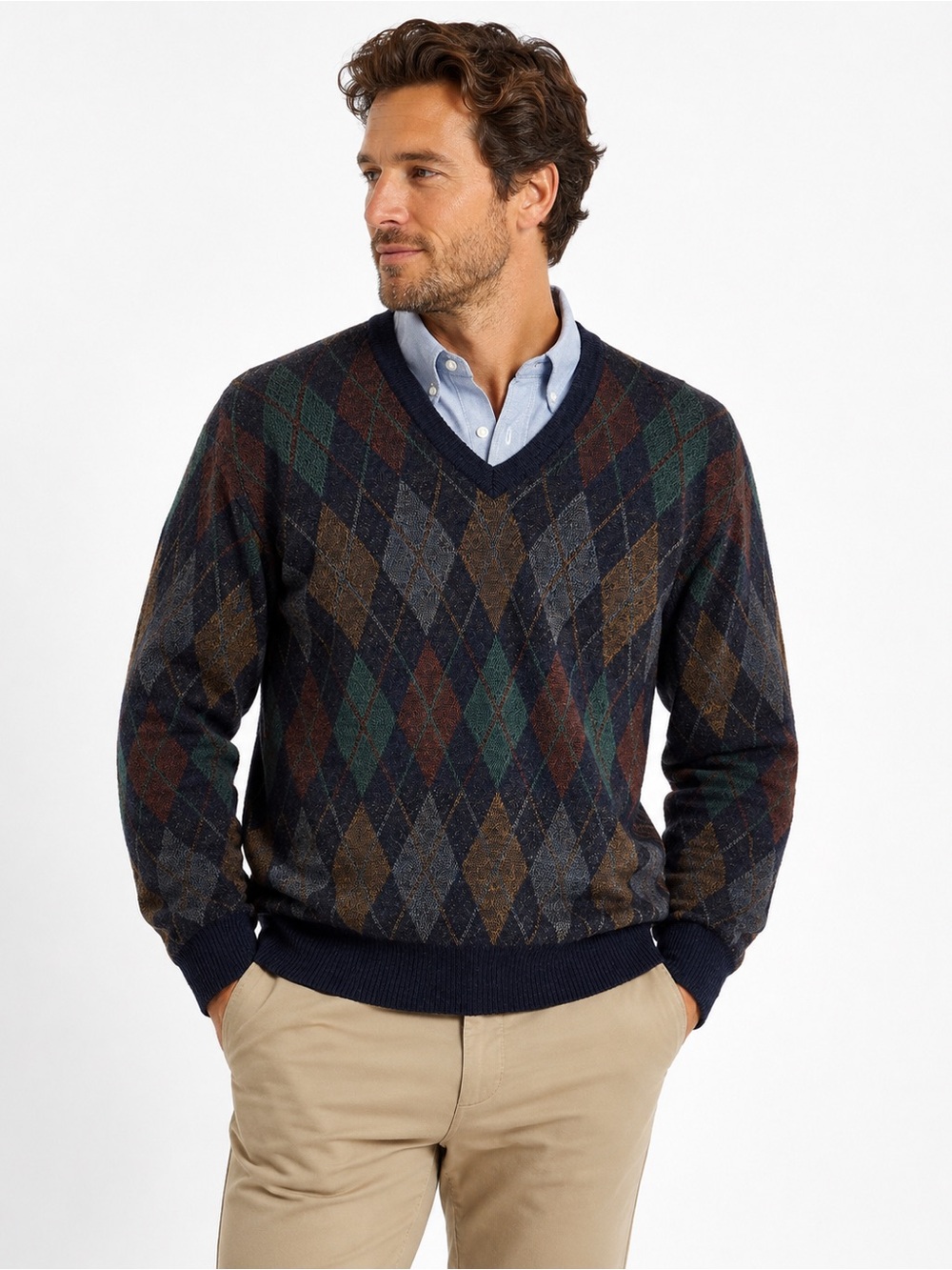 Vintage 80-90’s Tricots St Raphael Men’s M 100% Wool Argyle V-Neck Sweater
